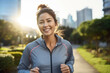 © BrightSpace - Vibrant Midlife Woman Exercising Outdoors: Beautiful Lady portrait people jogging with Freshness in Urban Park with Trees and Buildings with bright sun and nature light, healthy concept, gen ai
