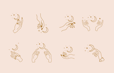 Wall Mural - Collection of line design with moon,hand.Editable vector illustration for website, sticker, tattoo,icon