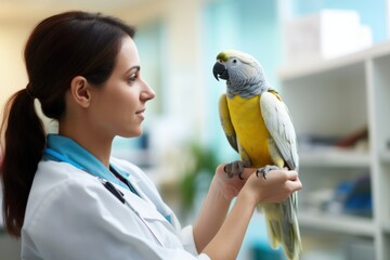 veterinarian in the clinic with a parrot 