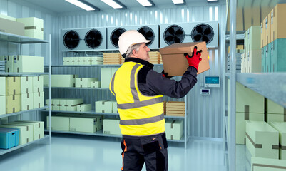 Poster - Man in industrial refrigerator. Storekeeper with box. Worker in supermarket cold store. Shelves with boxes in refrigerator. Industrial refrigerated warehouse. Man loader in industrial refrigerator