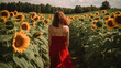 © Robert Kneschke - Woman in red dress walking through field of sunflowers