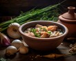 Matelote in a rustic earthenware bowl, highlighting the fish, onions, and mushrooms