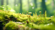 Mossy Hill With Small Mushrooms: A Generative AI Image