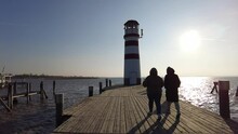 Neusiedl, Podersdorf am See, Burgenland, Austria - 4, March 2023: View of the lighthouse, wooden pier
