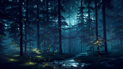 Wall Mural - supernatural fairy firefly lights soaring over small forest creek among pine tree silhouettes at dar