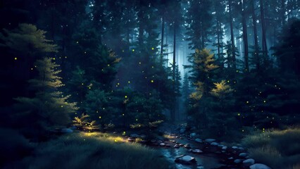 Wall Mural - mysterious spooky forest thicket with magic supernatural firefly lights soaring over small creek amo