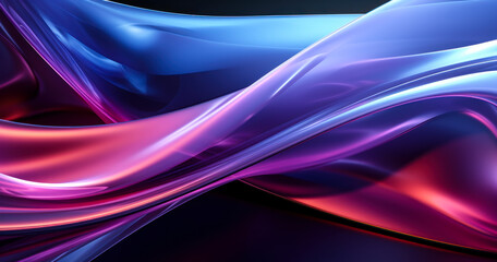Poster - Abstract liquid glass holographic iridescent neon curved wave in motion dark background 3d render. Gradient design element for banners, backgrounds, wallpapers and covers