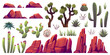 Desert elements. Cartoon stones of different shapes, plants of arid zones, succulents, cacti and tumbleweed, canyon rocks, exotic landscape objects, solid cliffs, bare trees tidy vector set