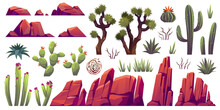 Desert Elements. Cartoon Stones Of Different Shapes, Plants Of Arid Zones, Succulents, Cacti And Tumbleweed, Canyon Rocks, Exotic Landscape Objects, Solid Cliffs, Bare Trees Tidy Vector Set