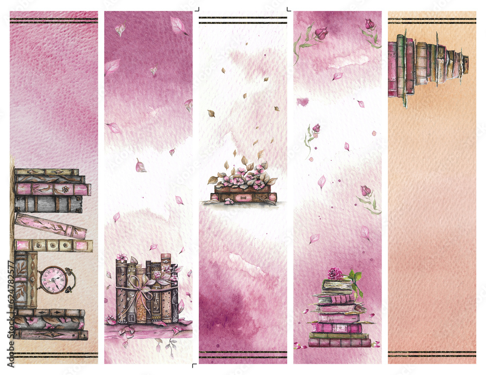 Ilustração Set of 5 Digital Bookmarks with Watercolor Images on Letter ...