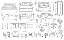 Collection Of Elegant Modern Furniture And Home Interior Decorations Of Trendy Mid Century Modern Retro 70s T Style Hand Drawn Black Sketch On Transparent Background. Monochrome Vector Illustration.