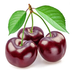 Wall Mural - Sweet cherries with two leaves isolated on white background.