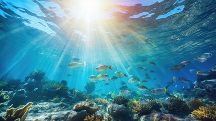 Canvas Print - Underwater scene with sunlight streaming down and schools of tropical fish, generative ai