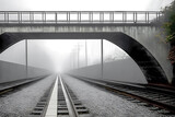 Fototapeta Pomosty - Pedestrian bridge over the railway on a foggy autumn morning. Generative AI