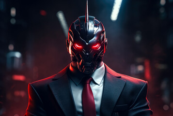 Man with robotic head wearing a suit, futuristic robot, glowing red eyes, standing against a dark, city background, robot, cyborg, android man.