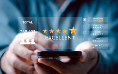 Poster - Businessman using smartphone to give golden five stars for client the best satisfaction evaluation survey after use product and service concept.