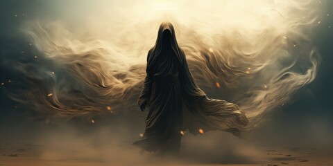 Scary shadowy grim reaper wandering in ethereal sandstorm of dust, dressed in dark black hooded robe of decaying smoke, death follows wherever he walks in spirit - generative AI 