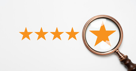 Poster - Yellow stats inside of magnifier glass on white background for focus Customer satisfaction and product service evaluation concept.