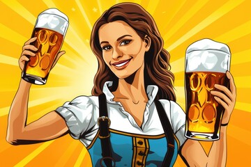 Oktoberfest woman with beer, pin-up pop art cute girl illustration.  Generative AI