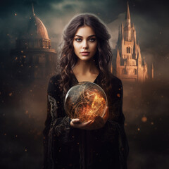 A spellbinding enchantress in front of a castle, holding a glowing crystal ball and radiating a captivating aura of magic. AI generated