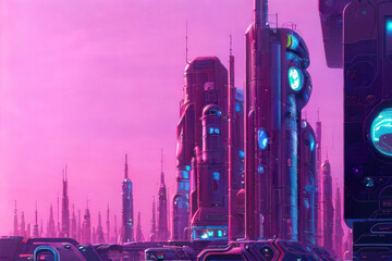 Wall Mural - Cyberpunk urban scene. City of a future. Futuristic Generative AI illustration in purple and pink colors. Nostalgic classic cyberpunk wallpaper in 80's retro style. Aesthetics of sci-fi drawings.	