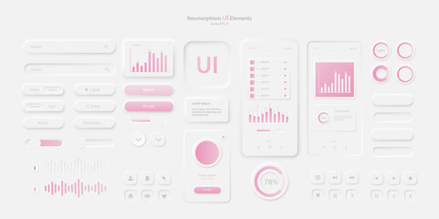 Fototapete - The user interface elements for the mobile application are white and pink. A set for developing a modern website or mobile application in the Neumorphism style. Vector EPS 10.