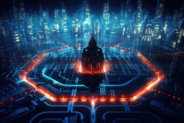 Fototapete - abstract technology background with circuit board and cityscape
