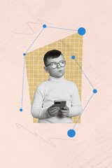 Poster - Vertical composite collage of minded smart schoolboy pensive holding smartphone decide answer studying remote isolated on beige background