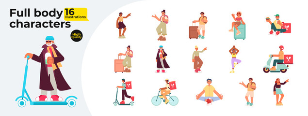 Poster - Active people semi flat color vector characters bundle. Leisure yoga. Travel. Editable full body people in different poses on white. Simple cartoon spot illustrations collection for web graphic design