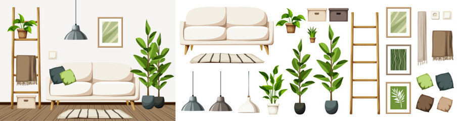 Wall Mural - Scandinavian room interior with a white sofa, a ladder, and houseplants. Minimalist interior design. Furniture set. Interior constructor. Cartoon vector illustration