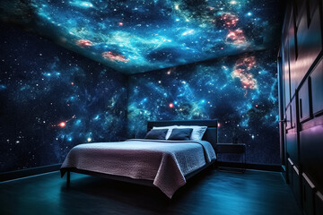 Wall Mural - bedroom interior at night with space and stars on the ceiling and walls. dreams and fantasies about 
