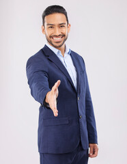 Poster - Happy businessman, portrait and handshake for introduction, greeting or meeting against a grey studio background. Asian man shaking hands for business opportunity, hiring or deal in team agreement