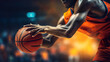 Close-up photo of a basketball player's hands dribbling the ball. Generative AI.