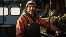 Portrait Of Adult Fisherman On A Trawler Boat