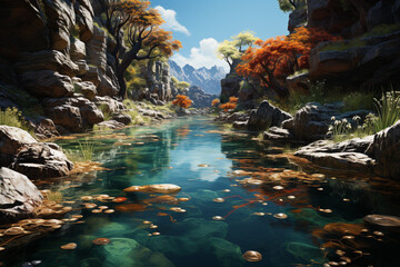 Aufkleber - A soothing waterfall cascading into a pool of crystal-clear water, evoking a sense of tranquility.  Generative AI technology.