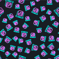 Poster - Line Laptop with music note symbol on screen icon isolated seamless pattern on black background. Vector