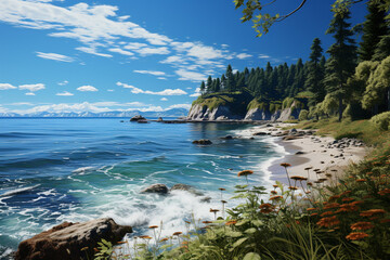 Poster - A serene coastal scene with a gentle breeze, crashing waves, and the soothing sound of seagulls in the distance.  Generative AI technology.