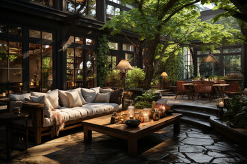 Poster - A tranquil garden patio with comfortable seating, soft lighting, and the sound of chirping birds.  Generative AI technology.