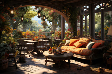 Poster - A tranquil garden patio with comfortable seating, soft lighting, and the sound of chirping birds.  Generative AI technology.