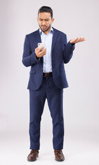 Poster - Phone, problem and asian man in studio confused with scam, alert or internet delay on grey background. Stress, smartphone and online glitch for Japanese guy frustrated by spam, phishing or 404 glitch