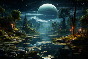 Leinwandbilder - A tranquil lake surrounded by lush greenery and a starry night sky, creating a sense of calm and serenity.  Generative AI technology.
