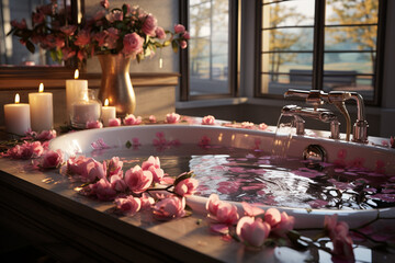 Aufkleber - A calming spa setting with a luxurious bath filled with flower petals and scented candles.  Generative AI technology.
