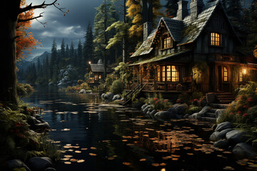 Poster - A tranquil lake surrounded by lush greenery and a starry night sky, creating a sense of calm and serenity.  Generative AI technology.