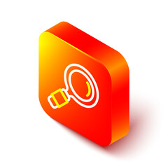 Poster - Isometric line Magnifying glass icon isolated on white background. Search, focus, zoom, business symbol. Orange square button. Vector