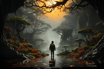 Poster - A person walking through a misty forest, where reality blends with fantasy, representing the blurred boundaries of dreams.  Generative AI technology.