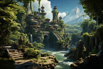 Aufkleber - A series of floating islands with cascading waterfalls and lush vegetation, depicting a dreamlike paradise. Generative AI technology.