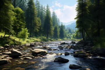 Wall Mural - a rocky mountain river flows through the forest on the background of mountains. eco nature .landscape with mountains, forest and a river in front. beautiful scenery. generative ai.