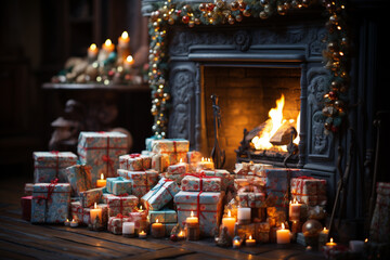 Fototapete - A close-up of a fireplace decorated with stockings, waiting to be filled with gifts from Santa.  Generative AI technology.