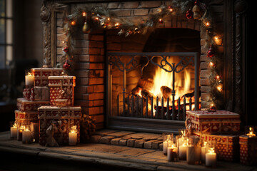 Fototapete - A close-up of a fireplace decorated with stockings, waiting to be filled with gifts from Santa.  Generative AI technology.