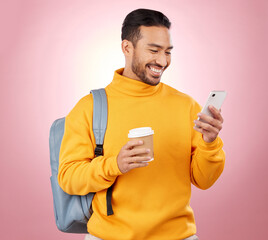 Poster - Backpack, phone and student or man on studio pink background for scholarship, university or college results. Learning, education and happy person in bag, coffee break and study information on mobile
